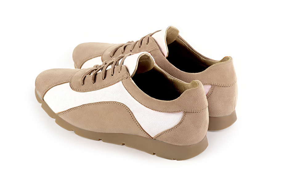 Tan beige and off white women's elegant sneakers. Round toe. Flat rubber soles. Rear view - Florence KOOIJMAN